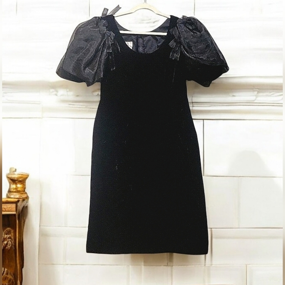 Vintage 80s Black Velvet Midi Dress with Sheer Puff Sleeves Whimsigoth